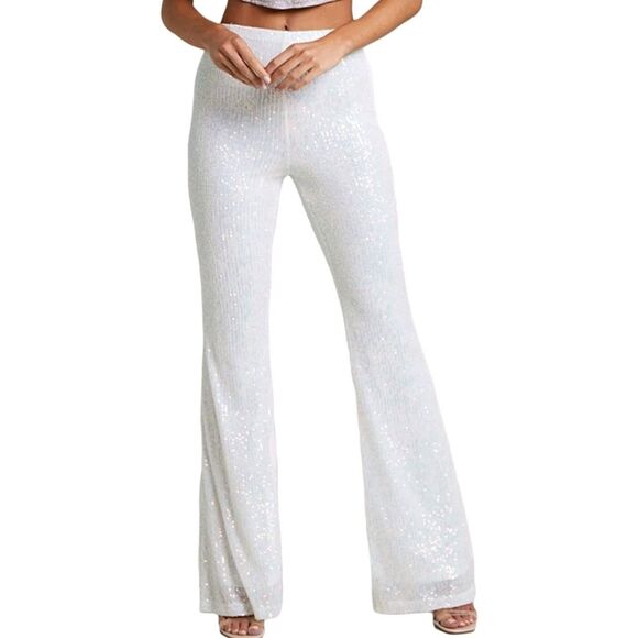 Forever 21 Pants Womens Large White Sequined Flare Disco Party Holiday 30x32 - Picture 14 of 15